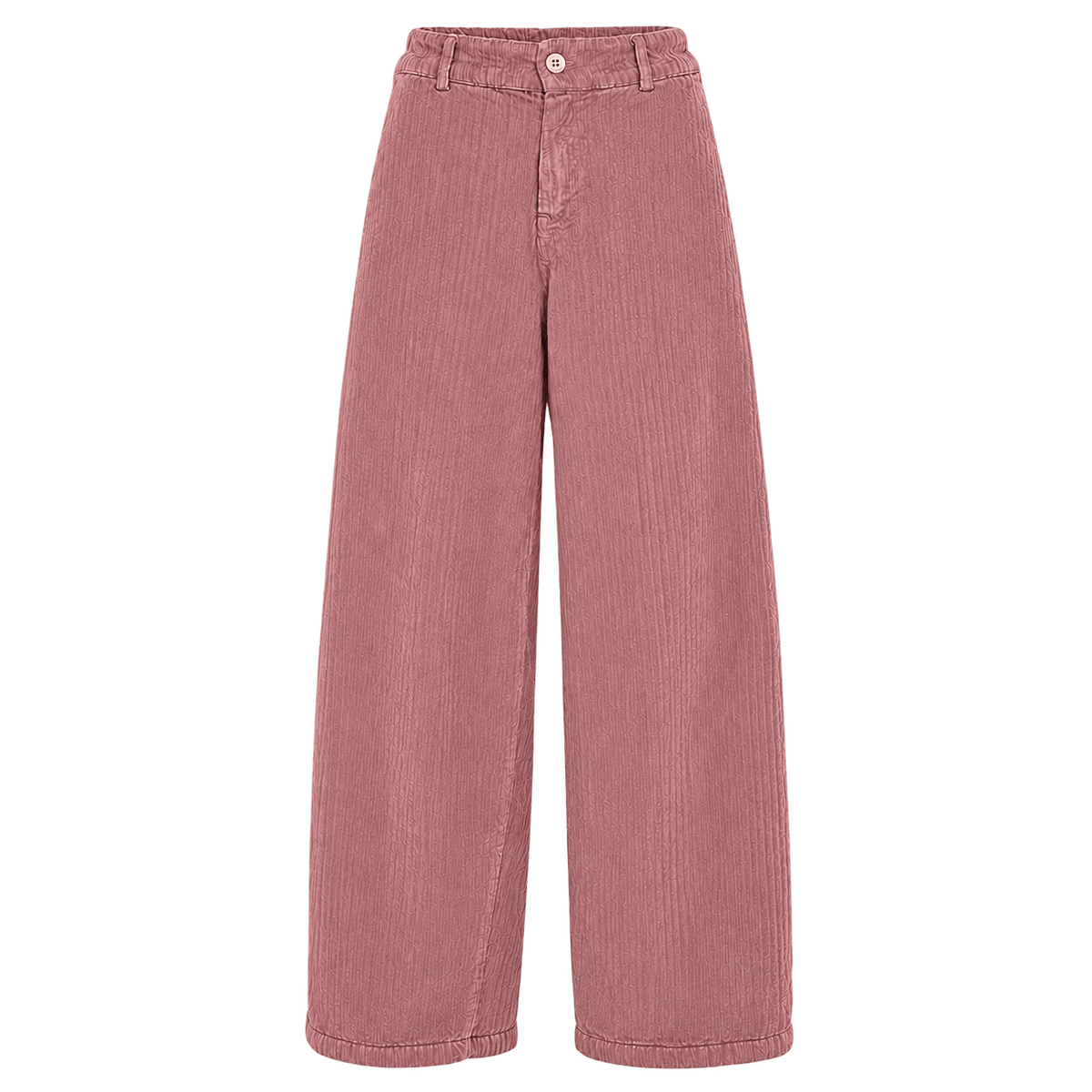 Støvet rosa brede fløjlsbukser i bomuld med buet ben, riflet struktur, knaplukning og elastisk linning bagpå.