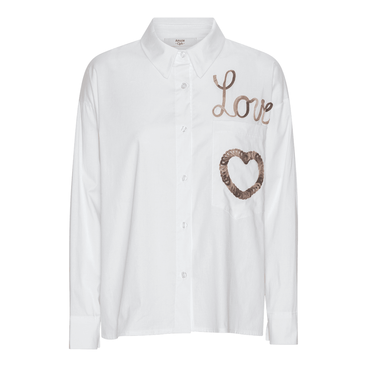 Hvid bomuldsskjorte med afslappet pasform, brystlomme og brunt broderi af 'Love' og et hjerte.