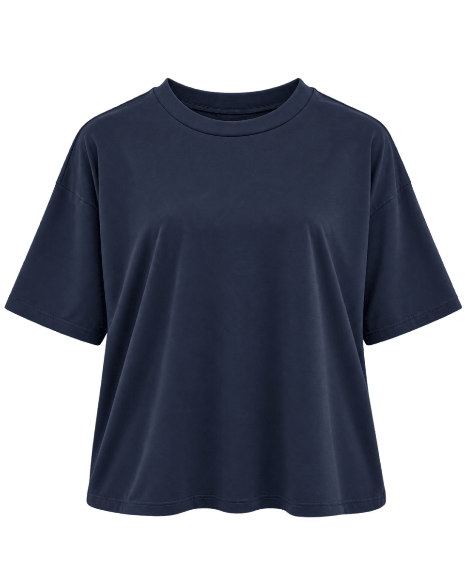 Navy oversized jersey T-shirt with round neck, dropped shoulders and short sleeves.