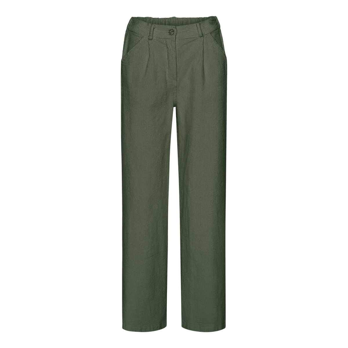 FLORA Corduroy Bukser i Army Grøn — Oversized Wide Leg med Ribbet Tekstur