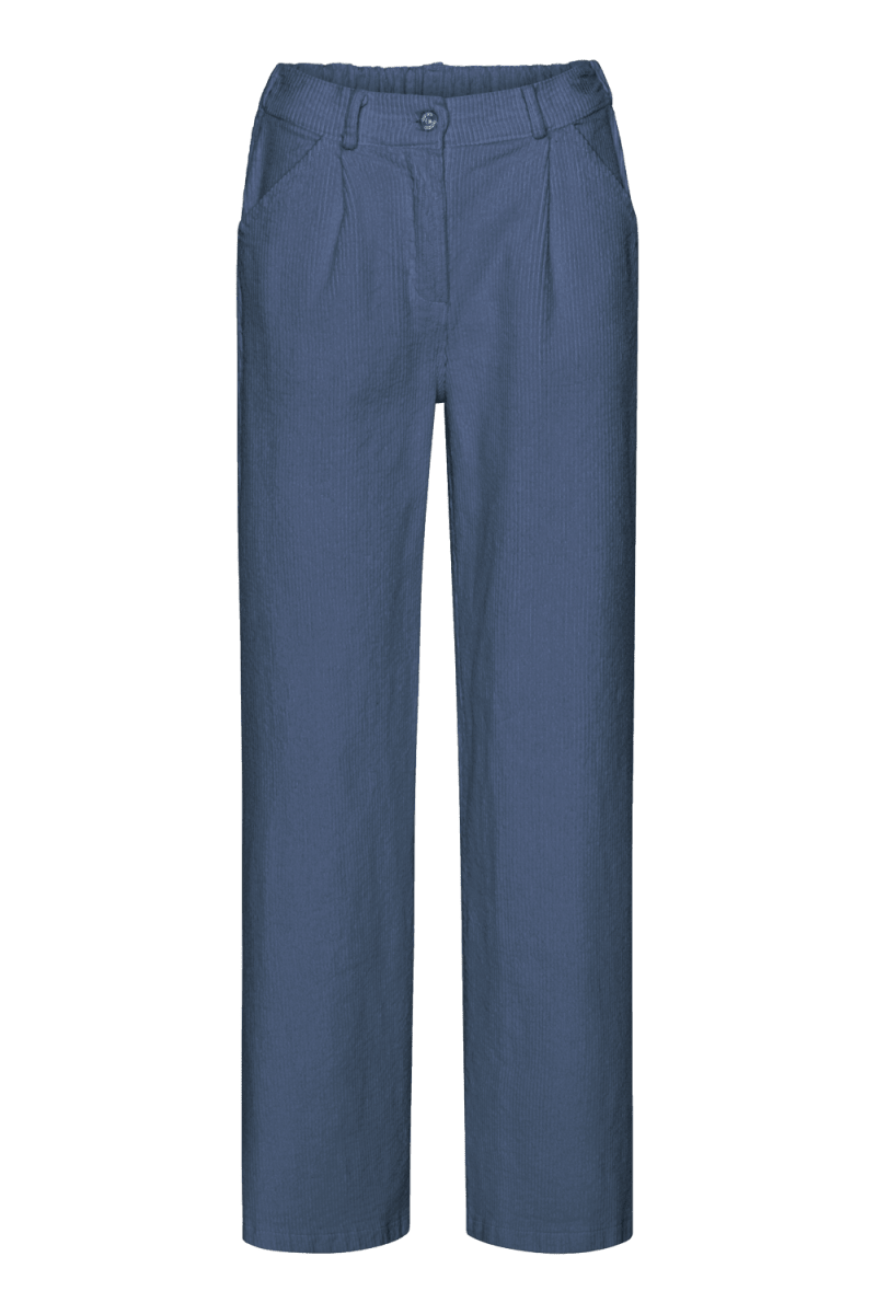 FLORA INDIGO Flora Corduroy Bukser i Indigo Blue — Wide Leg med Blødt Fløjl