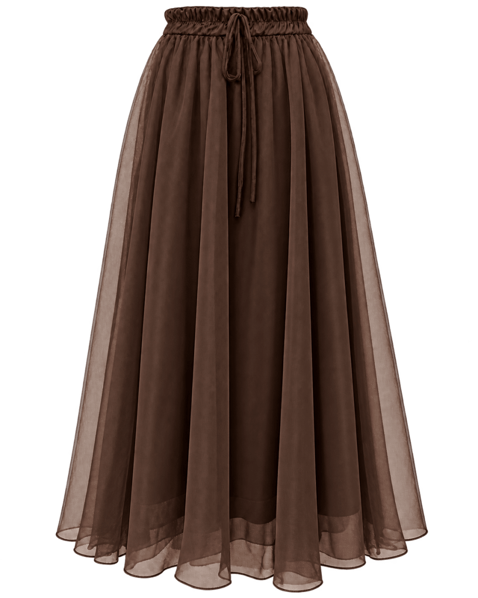 Chocolate brown maxi skirt in light sheer tulle with A-line cut, elastic waist and drawstring.