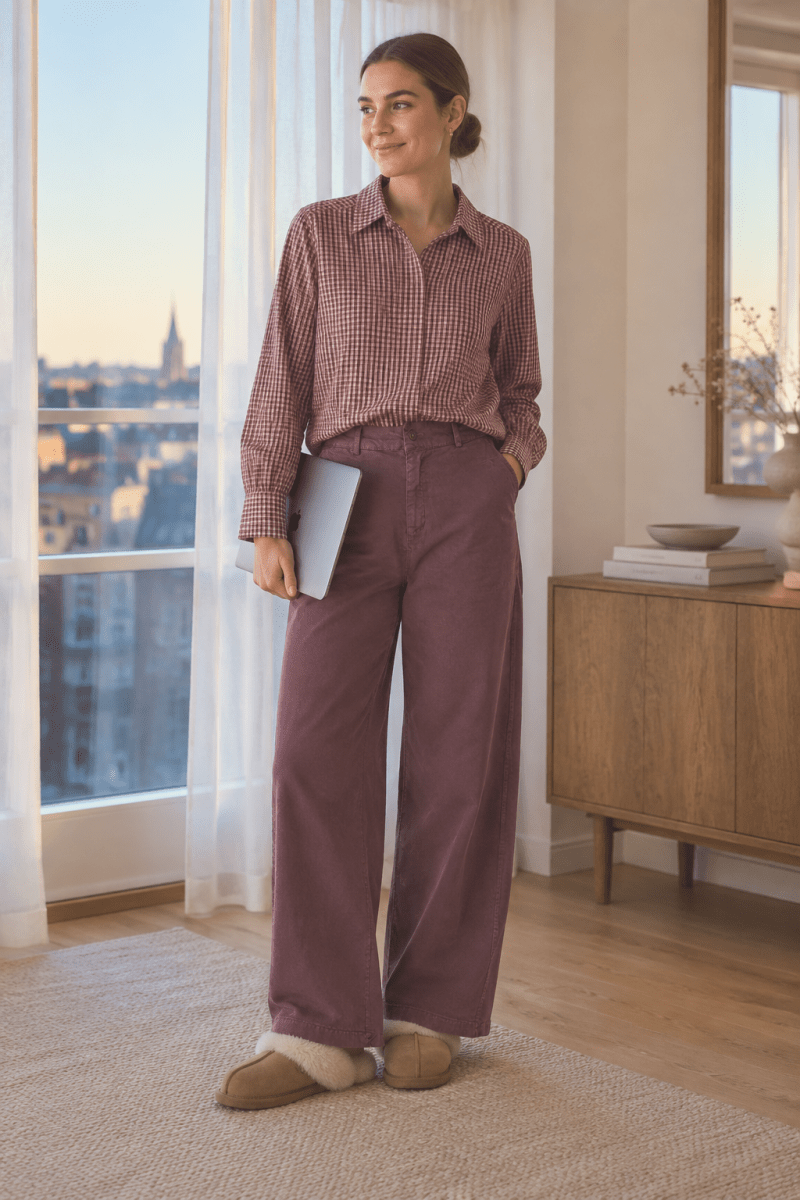 Wine-red cotton trousers in a barrel fit with side pockets and elastic at the waist.