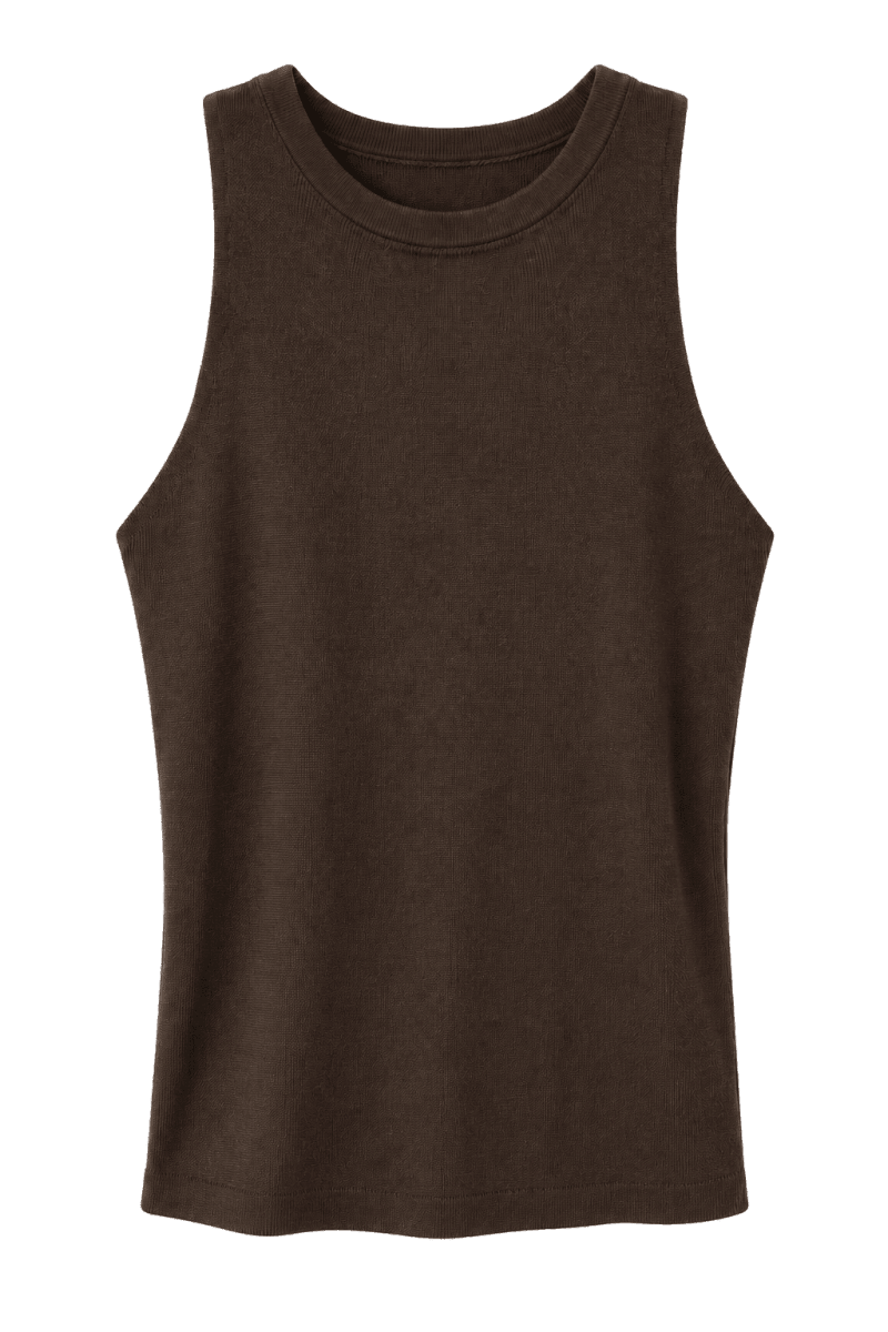 Mørkebrun, fintstrikket top i 100% viskose med rund hals og ærmeløst design.