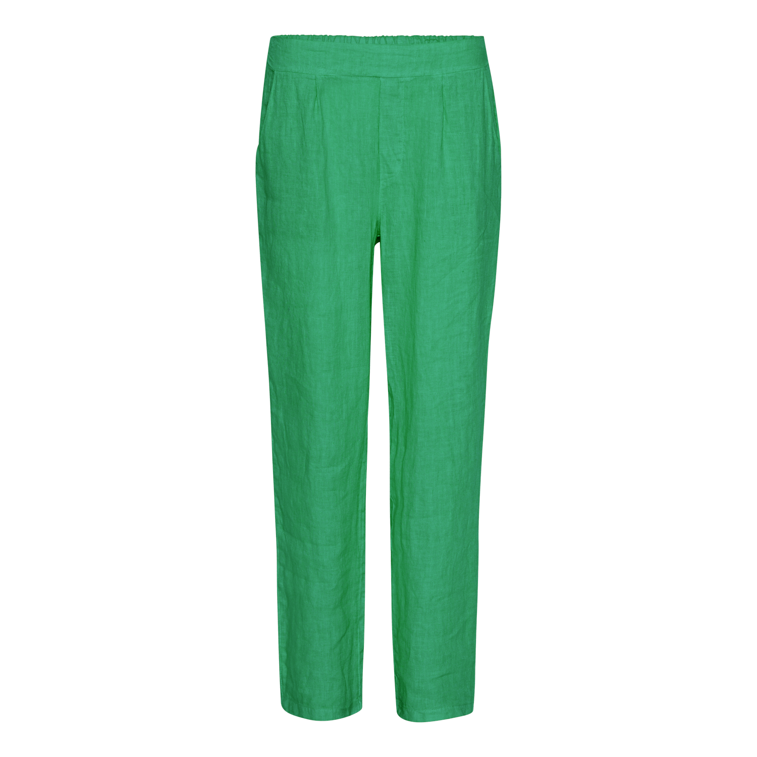 Livlige sommergrønne hørbukser til kvinder, designet med en nem elastisk talje, afslappede sidelommer og en afslappet pasform