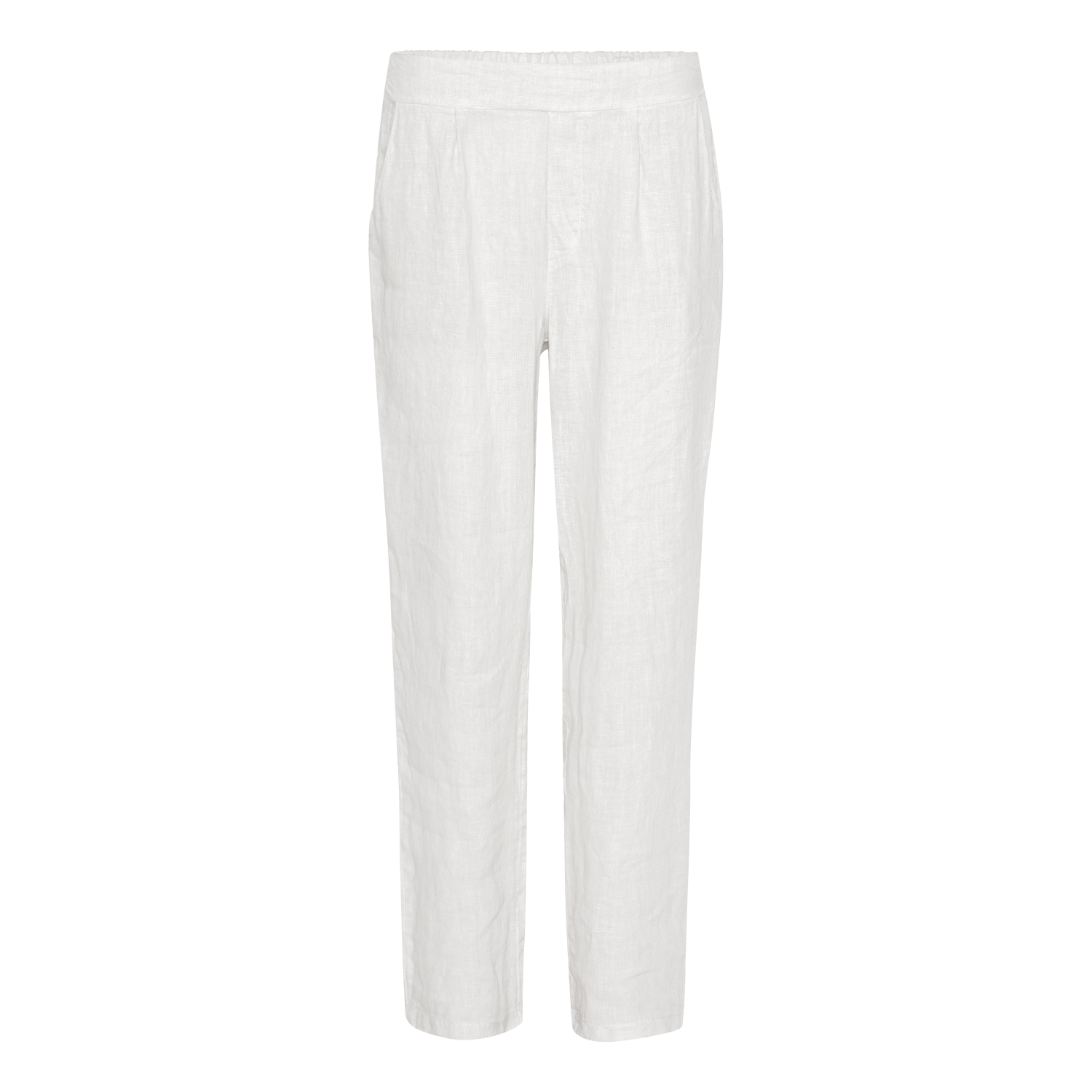 Hvide hørbukser til kvinder med elastisk talje, sidelommer og et løstsiddende snit