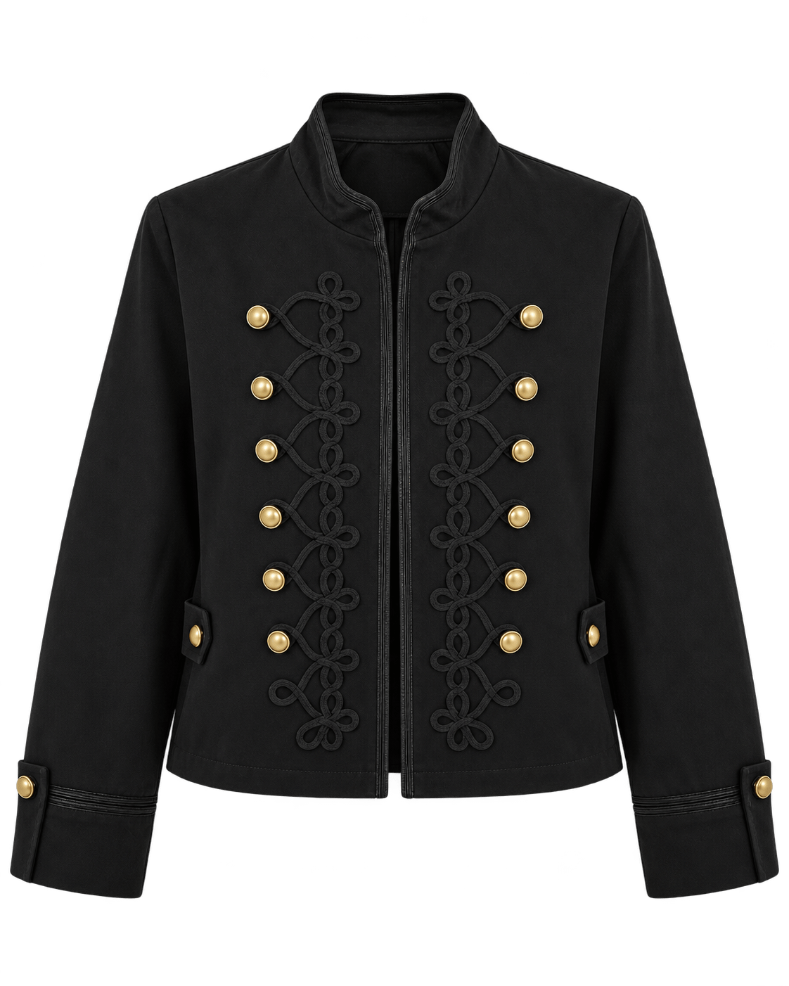 Black cotton military-style jacket with gold buttons, stand-up collar, and decorative cord detailing.