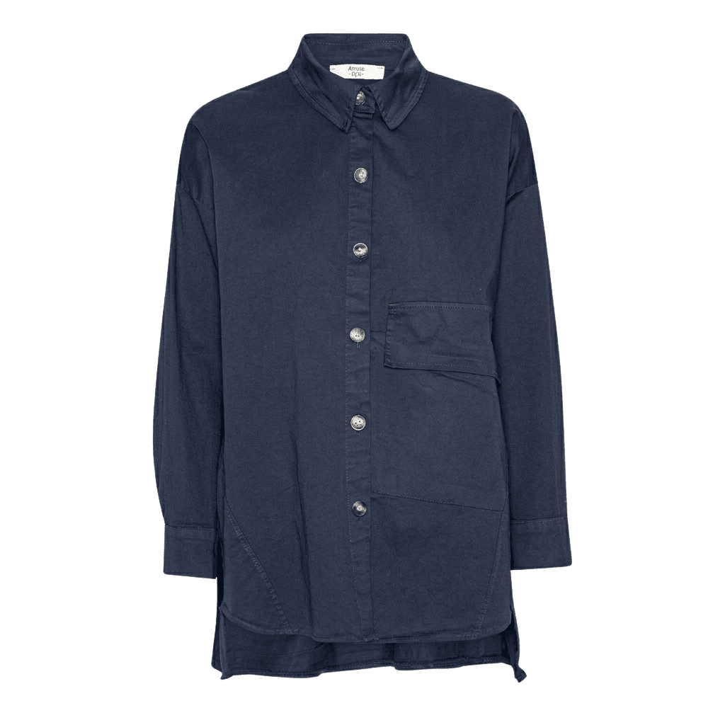 ADALINE Navy Blue Bluse i Bomuld med Oversized Silhuet og Knaplukning