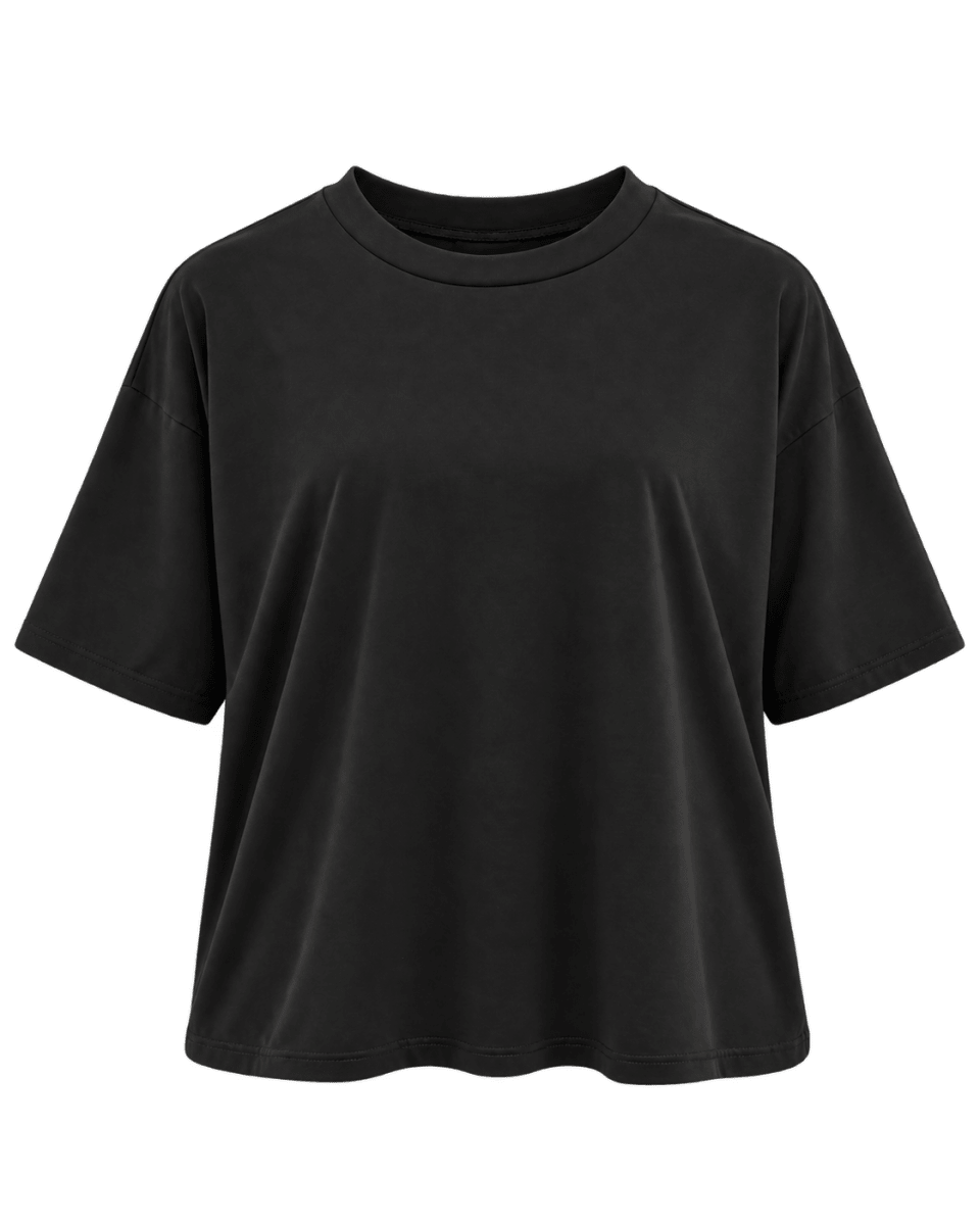 Black oversized cotton jersey top with round neck, dropped shoulders and short sleeves.