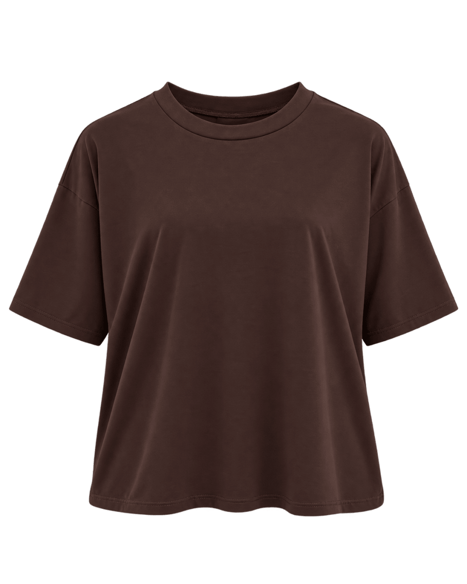 Chokoladebrun oversized t-shirt i bomuldsjersey med rund hals, nedfaldende skuldre og korte ærmer.
