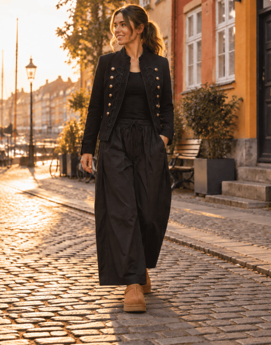 Black cotton military-style jacket with gold buttons, stand-up collar, and decorative cord detailing.