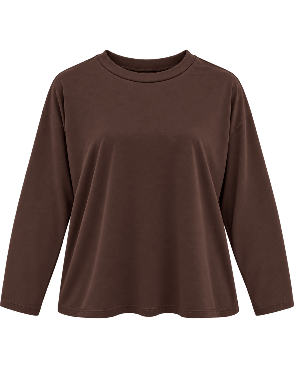 Chocolate brown cotton jersey blouse with round neck, dropped shoulders and long sleeves in a relaxed fit.