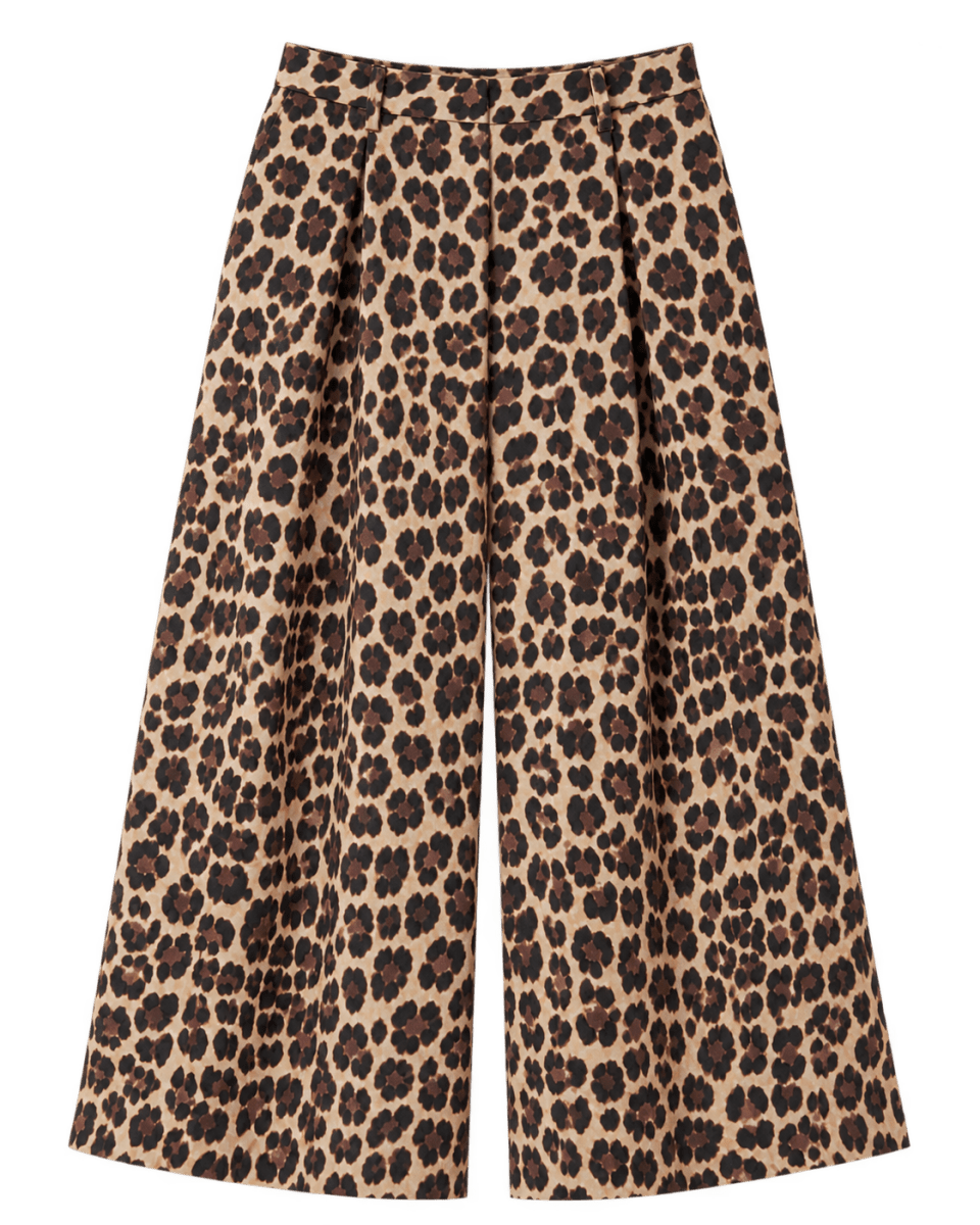 Culottebukser i sandbeige og brun bomuld med leopardprint, høj talje, læg og vide cropped ben.
