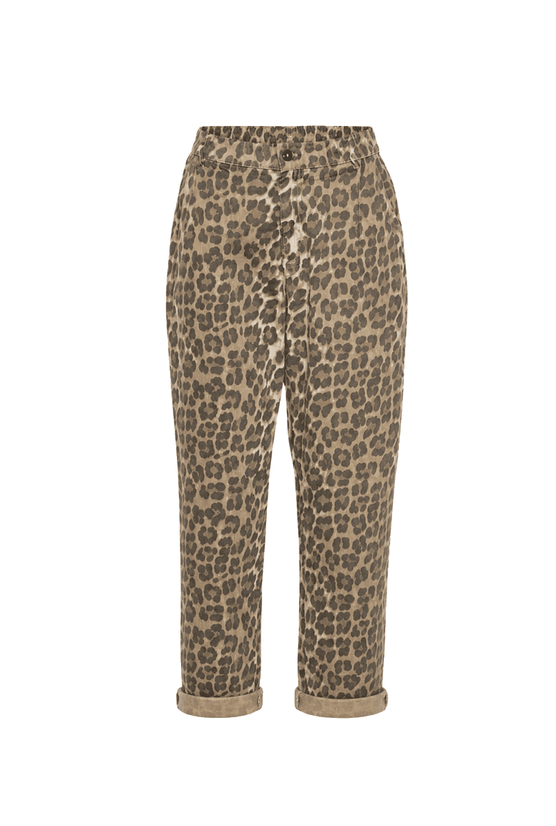 Sandfarvede leopardmønstrede bomuldsbukser med elastik i taljen og en afslappet, konisk pasform.