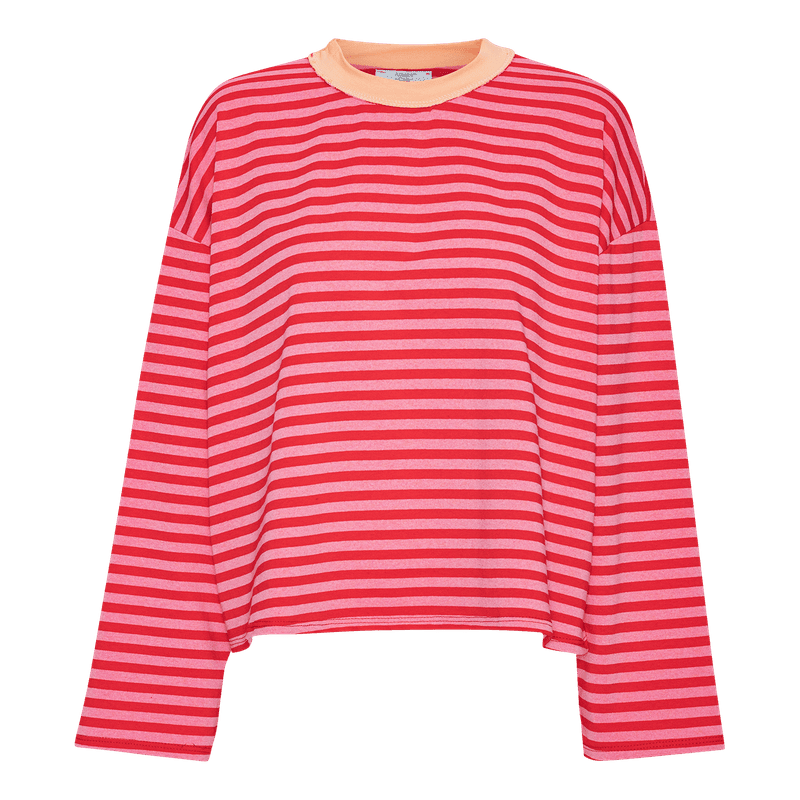 HARPER Stribet Langærmet T-shirt i Rød & Rosa — Afslappet Boxy Pasform