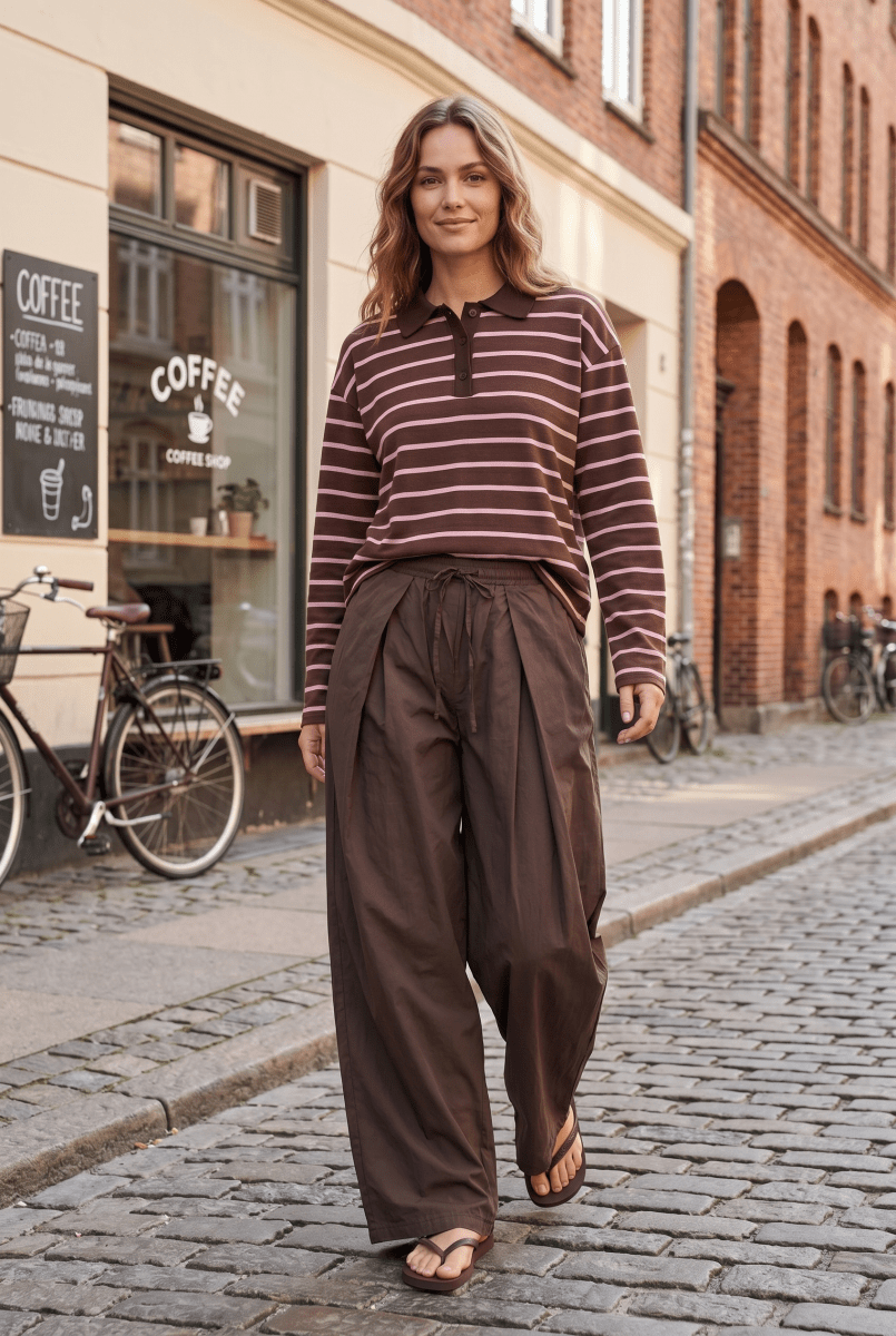 MIA Poloshirt i Espresso Brown med Lyserøde Striber - løs pasform