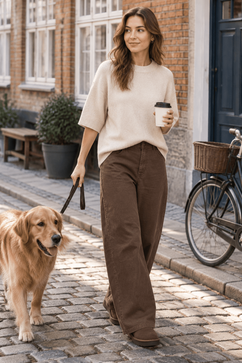 Chocolate brown barrel pants in a soft cotton blend with a high elastic waist.