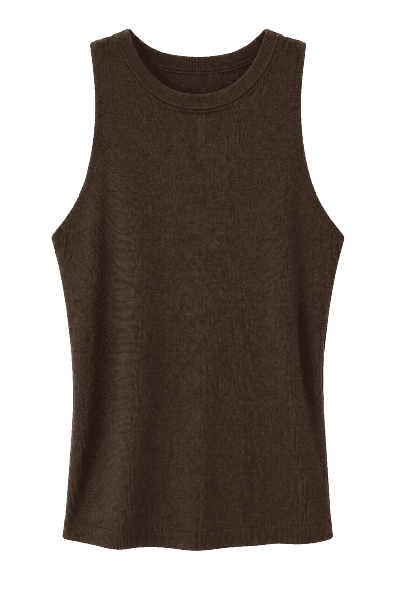 Mørkebrun, fintstrikket top i 100% viskose med rund hals og ærmeløst design.