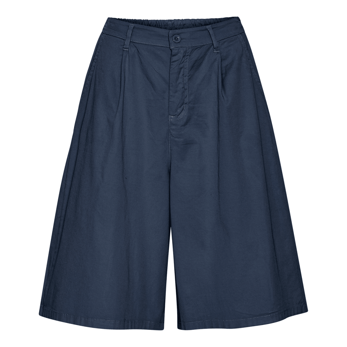 Marineblå bomuldsshorts med brede ben, knælang pasform og fine læg foran.